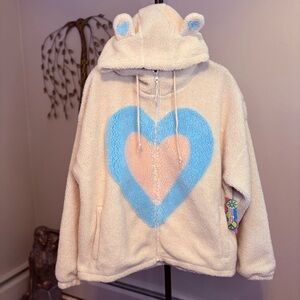 Cozy Cream Fleece Hoodie featuring pink and Blue Heart Teddy Bear Hoodie